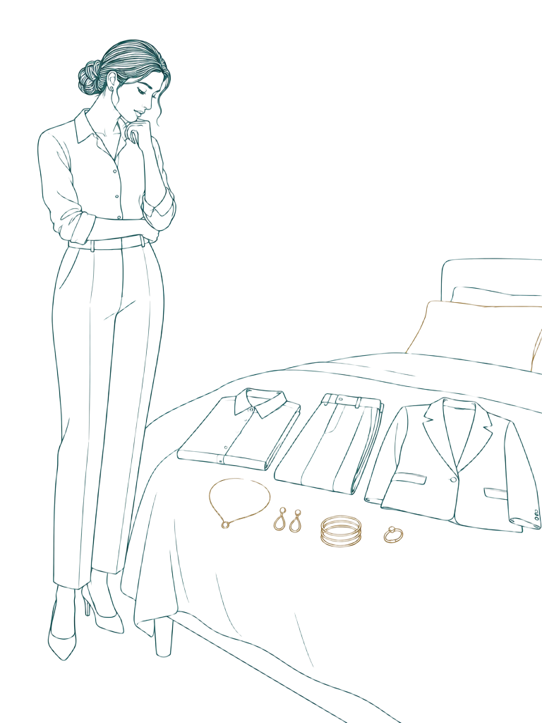 Line illustration of a woman in a shirt and trousers considering a blazer, shirt and trousers and a row of jewellery laid out on a bed