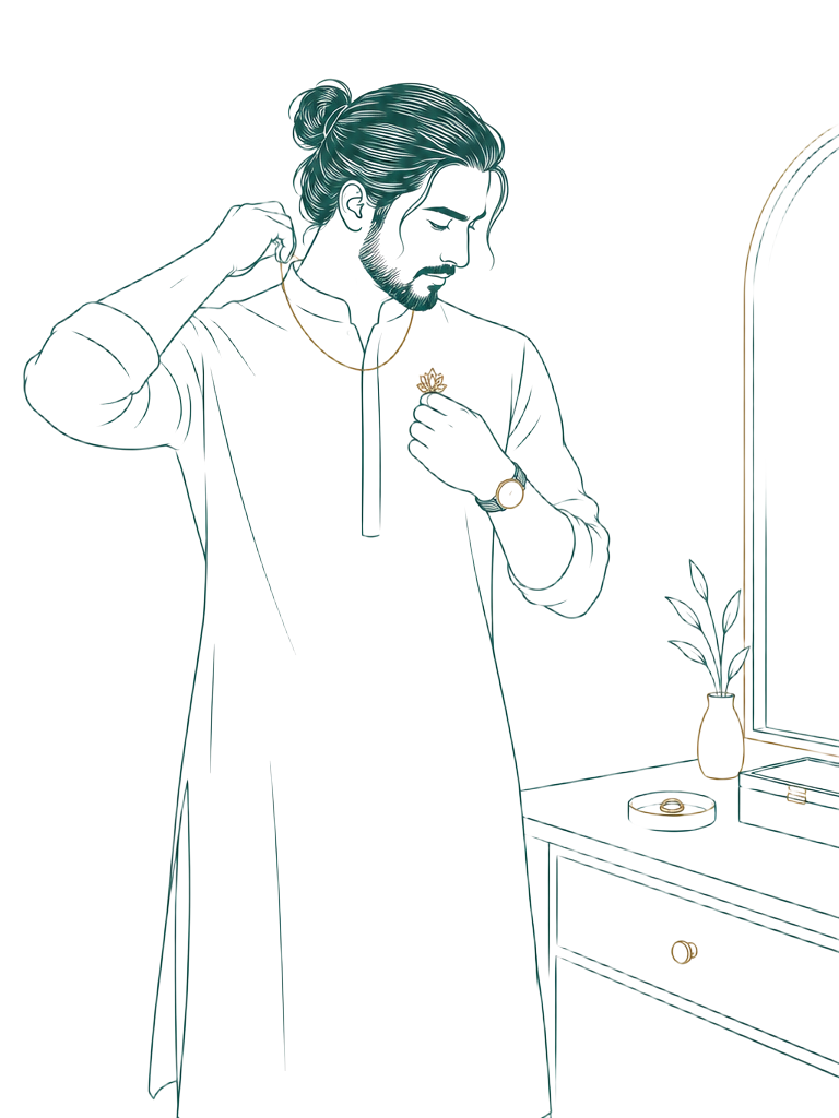 Line illustration of a man in a kurta fastening a gold chain and brooch at his dresser, a watch and ring dish beside him