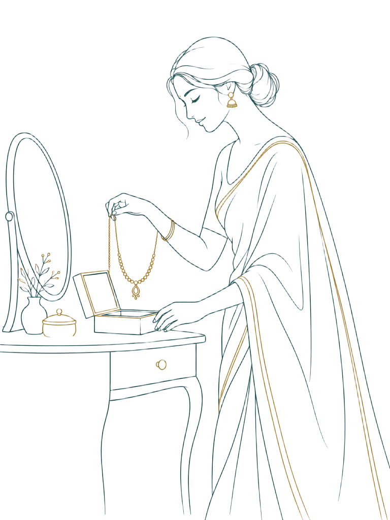 Line illustration of a woman in a saree lifting a necklace from her jewellery box, remembering its story